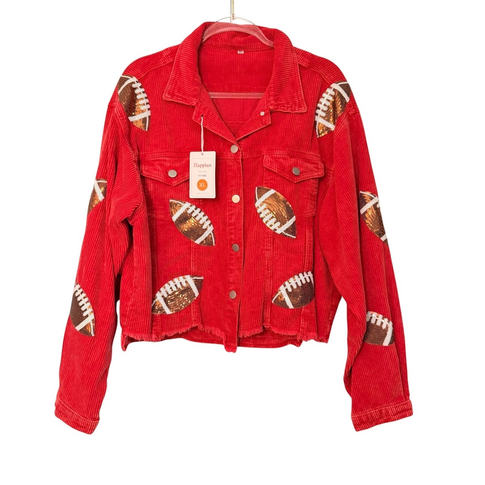 Happlan Red Corduroy Sequin Football Jacket XL Women Long Sleeve Cropped Shacket